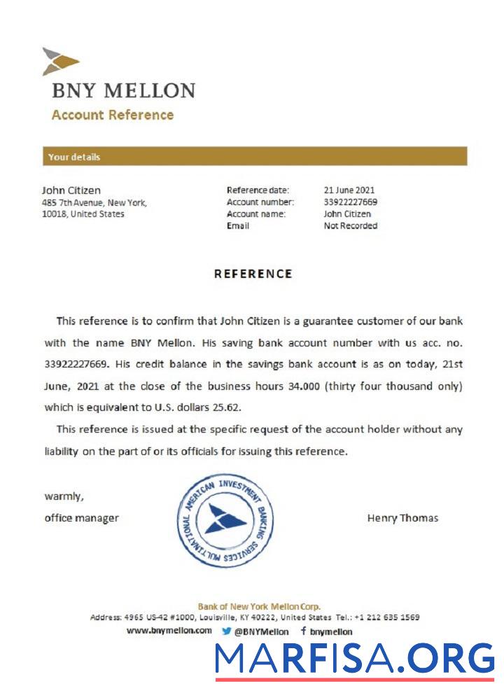 Printable USA BNY Mellon reference example